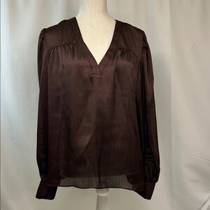Express Sheer Striped Chocolate Brown V-Neck Pleated Blouse Size Large